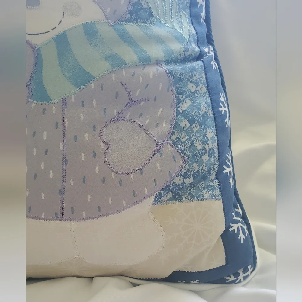 Snowman Vintage Holiday Pillow - Blue and Gray Snowflakes Cotton/Polyester